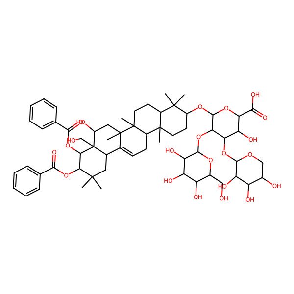 2D Structure of 6-[[9,10-Dibenzoyloxy-8-hydroxy-8a-(hydroxymethyl)-4,4,6a,6b,11,11,14b-heptamethyl-1,2,3,4a,5,6,7,8,9,10,12,12a,14,14a-tetradecahydropicen-3-yl]oxy]-3-hydroxy-5-[3,4,5-trihydroxy-6-(hydroxymethyl)oxan-2-yl]oxy-4-(3,4,5-trihydroxyoxan-2-yl)oxyoxane-2-carboxylic acid