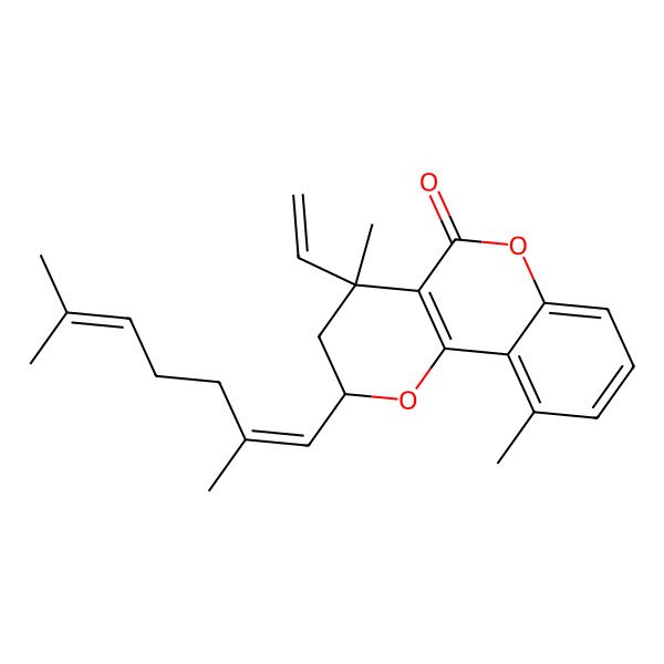 2D Structure of (2R,4R)-2-[(1E)-2,6-dimethylhepta-1,5-dienyl]-4-ethenyl-4,10-dimethyl-2,3-dihydropyrano[3,2-c]chromen-5-one