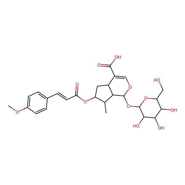 2D Structure of 6-[3-(4-Methoxyphenyl)prop-2-enoyloxy]-7-methyl-1-[3,4,5-trihydroxy-6-(hydroxymethyl)oxan-2-yl]oxy-1,4a,5,6,7,7a-hexahydrocyclopenta[c]pyran-4-carboxylic acid