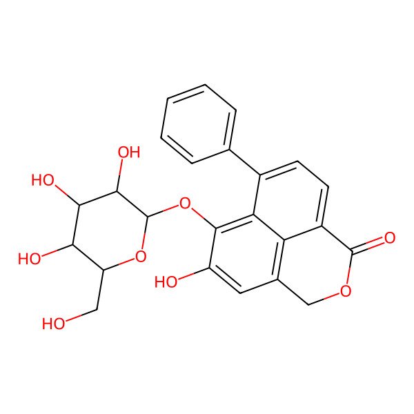 2D Structure of 7-hydroxy-10-phenyl-8-[(2S,3R,4S,5S,6R)-3,4,5-trihydroxy-6-(hydroxymethyl)oxan-2-yl]oxy-3-oxatricyclo[7.3.1.05,13]trideca-1(13),5,7,9,11-pentaen-2-one