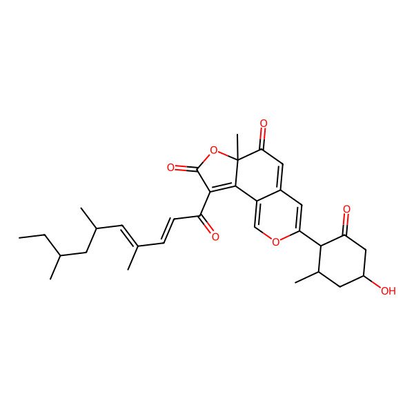 2D Structure of (6aS)-3-[(1S,2S,4R)-4-hydroxy-2-methyl-6-oxocyclohexyl]-6a-methyl-9-[(2E)-4,6,8-trimethyldeca-2,4-dienoyl]furo[2,3-h]isochromene-6,8-dione