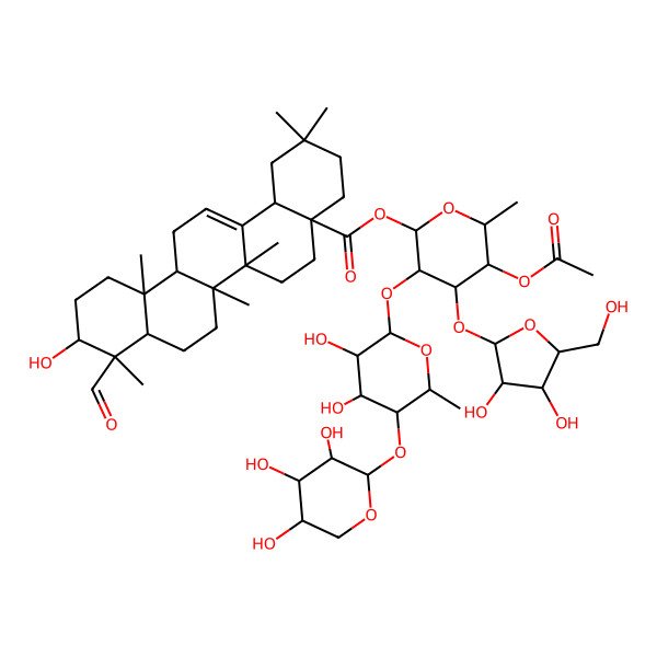 2D Structure of [5-Acetyloxy-4-[3,4-dihydroxy-5-(hydroxymethyl)oxolan-2-yl]oxy-3-[3,4-dihydroxy-6-methyl-5-(3,4,5-trihydroxyoxan-2-yl)oxyoxan-2-yl]oxy-6-methyloxan-2-yl] 9-formyl-10-hydroxy-2,2,6a,6b,9,12a-hexamethyl-1,3,4,5,6,6a,7,8,8a,10,11,12,13,14b-tetradecahydropicene-4a-carboxylate