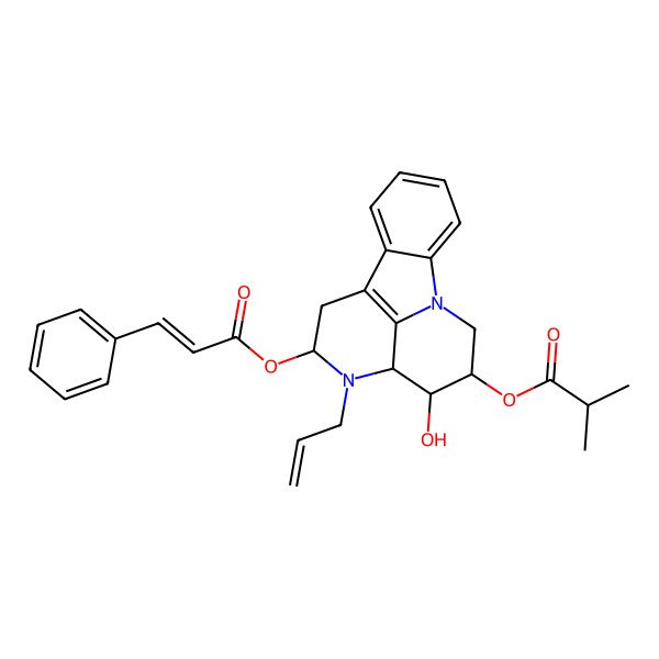2D Structure of [(3R,4R,5S,7R)-4-hydroxy-7-[(E)-3-phenylprop-2-enoyl]oxy-6-prop-2-enyl-1,6-diazatetracyclo[7.6.1.05,16.010,15]hexadeca-9(16),10,12,14-tetraen-3-yl] 2-methylpropanoate