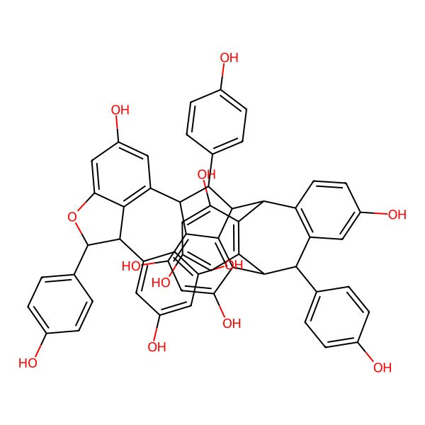 2D Structure of (1S,2S,3R,4R,10R,11S)-4-[(2S,3S)-3-(3,5-dihydroxyphenyl)-6-hydroxy-2-(4-hydroxyphenyl)-2,3-dihydro-1-benzofuran-4-yl]-3,11-bis(4-hydroxyphenyl)hexacyclo[8.7.6.12,5.012,17.018,23.09,24]tetracosa-5,7,9(24),12(17),13,15,18(23),19,21-nonaene-6,8,14,19,21-pentol