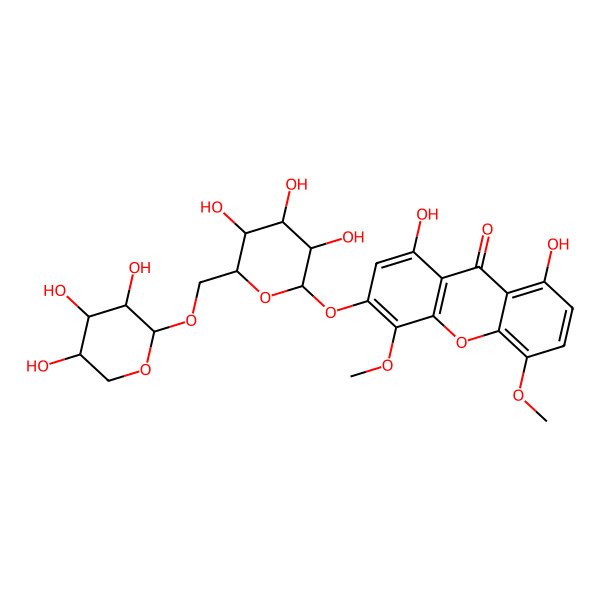 2D Structure of 1,8-dihydroxy-4,5-dimethoxy-3-[(2S,3R,4S,5S,6R)-3,4,5-trihydroxy-6-[[(2S,3R,4S,5R)-3,4,5-trihydroxyoxan-2-yl]oxymethyl]oxan-2-yl]oxyxanthen-9-one