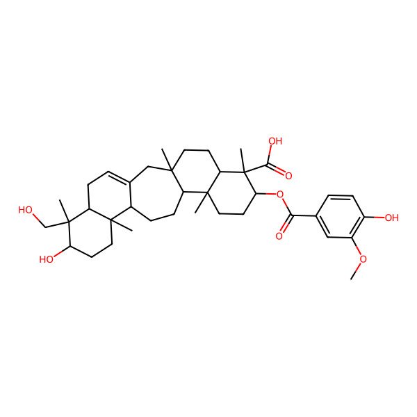 2D Structure of (3S,6R,7R,8S,11R,12S,15R,16R,19R,20S,21R)-19-hydroxy-8-(4-hydroxy-3-methoxybenzoyl)oxy-20-(hydroxymethyl)-3,7,11,16,20-pentamethylpentacyclo[13.8.0.03,12.06,11.016,21]tricos-1(23)-ene-7-carboxylic acid