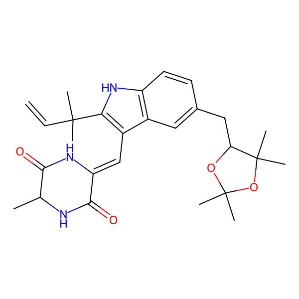 2D Structure of 3-methyl-6-[[2-(2-methylbut-3-en-2-yl)-5-[(2,2,5,5-tetramethyl-1,3-dioxolan-4-yl)methyl]-1H-indol-3-yl]methylidene]piperazine-2,5-dione