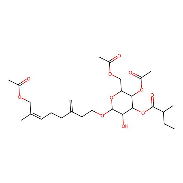 2D Structure of [3-Acetyloxy-2-(acetyloxymethyl)-6-(8-acetyloxy-7-methyl-3-methylideneoct-6-enoxy)-5-hydroxyoxan-4-yl] 2-methylbutanoate