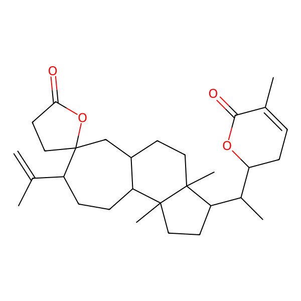 2D Structure of (3R,3aR,5aR,7R,8S,10aR,10bS)-3a,10b-dimethyl-3-[(1S)-1-[(2S)-5-methyl-6-oxo-2,3-dihydropyran-2-yl]ethyl]-8-prop-1-en-2-ylspiro[2,3,4,5,5a,6,8,9,10,10a-decahydro-1H-cyclohepta[e]indene-7,5'-oxolane]-2'-one