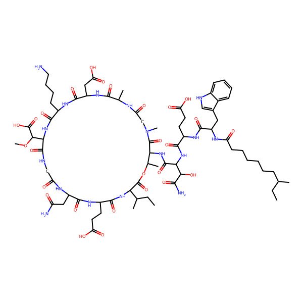 2D Structure of (4R)-5-[[(2S,3R)-4-amino-1-[[(3S,6S,9R,15S,18R,21S,24S,30S,31R)-18-(4-aminobutyl)-9-(2-amino-2-oxoethyl)-3-[(2S)-butan-2-yl]-6-(2-carboxyethyl)-15-[(R)-carboxy(methoxy)methyl]-21-(carboxymethyl)-24,28,31-trimethyl-2,5,8,11,14,17,20,23,26,29-decaoxo-1-oxa-4,7,10,13,16,19,22,25,28-nonazacyclohentriacont-30-yl]amino]-3-hydroxy-1,4-dioxobutan-2-yl]amino]-4-[[(2S)-3-(1H-indol-3-yl)-2-(8-methyldecanoylamino)propanoyl]amino]-5-oxopentanoic acid