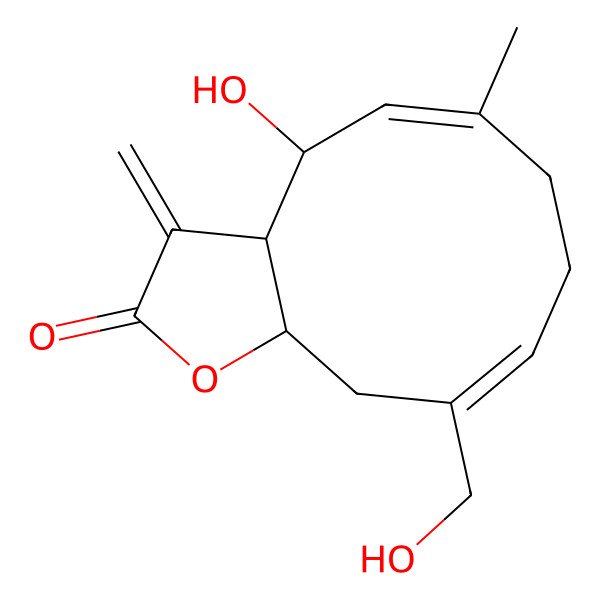 2D Structure of (3aS,4R,5E,9Z,11aS)-4-hydroxy-10-(hydroxymethyl)-6-methyl-3-methylidene-3a,4,7,8,11,11a-hexahydrocyclodeca[b]furan-2-one