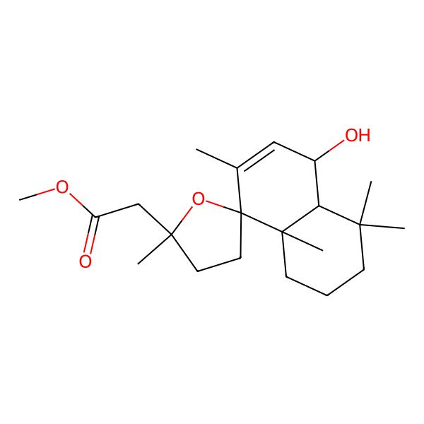 2D Structure of methyl 2-[(2'S,4aR,5S,8R,8aS)-5-hydroxy-2',4,4,7,8a-pentamethylspiro[2,3,4a,5-tetrahydro-1H-naphthalene-8,5'-oxolane]-2'-yl]acetate