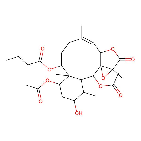 2D Structure of [(1S,2R,3S,4R,5R,7S,8S,9R,12Z,14S,17R)-2,7-diacetyloxy-5-hydroxy-4,8,12,17-tetramethyl-16-oxo-15,18-dioxatetracyclo[12.4.0.01,17.03,8]octadec-12-en-9-yl] butanoate