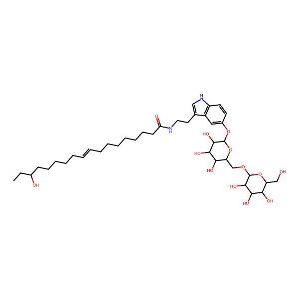2D Structure of 16-hydroxy-N-[2-[5-[3,4,5-trihydroxy-6-[[3,4,5-trihydroxy-6-(hydroxymethyl)oxan-2-yl]oxymethyl]oxan-2-yl]oxy-1H-indol-3-yl]ethyl]octadec-9-enamide