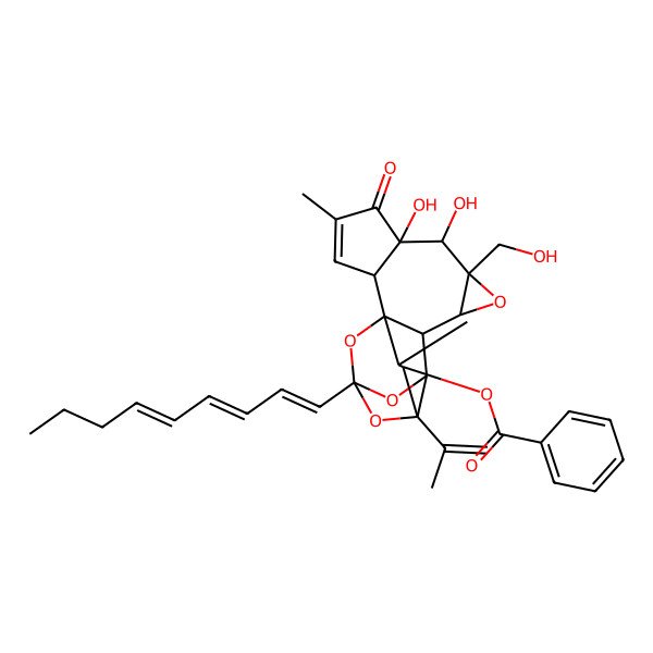 2D Structure of [(1R,2R,6S,7S,8R,10S,11S,12R,14S,16S,17R,18R)-6,7-dihydroxy-8-(hydroxymethyl)-16-isopropenyl-4,18-dimethyl-14-[(1E,3E,5E)-nona-1,3,5-trienyl]-5-oxo-9,13,15,19-tetraoxahexacyclo[12.4.1.01,11.02,6.08,10.012,16]nonadec-3-en-17-yl] benzoate