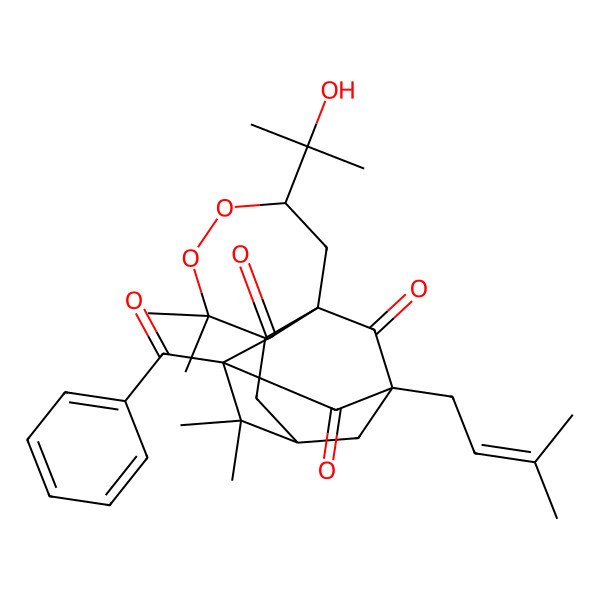 2D Structure of 11-Benzoyl-3-(2-hydroxypropan-2-yl)-6,6,10,10-tetramethyl-13-(3-methylbut-2-enyl)-4,5-dioxatetracyclo[9.3.1.19,13.01,7]hexadecane-12,14,15-trione