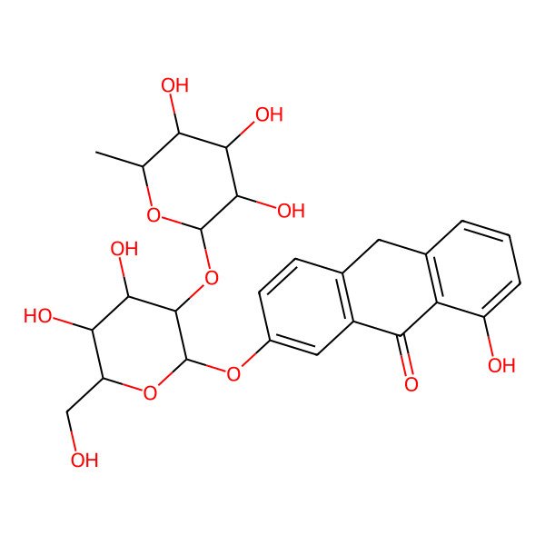 2D Structure of 7-[(2S,3R,4S,5S,6R)-4,5-dihydroxy-6-(hydroxymethyl)-3-[(2S,3R,4R,5R,6S)-3,4,5-trihydroxy-6-methyloxan-2-yl]oxyoxan-2-yl]oxy-1-hydroxy-10H-anthracen-9-one