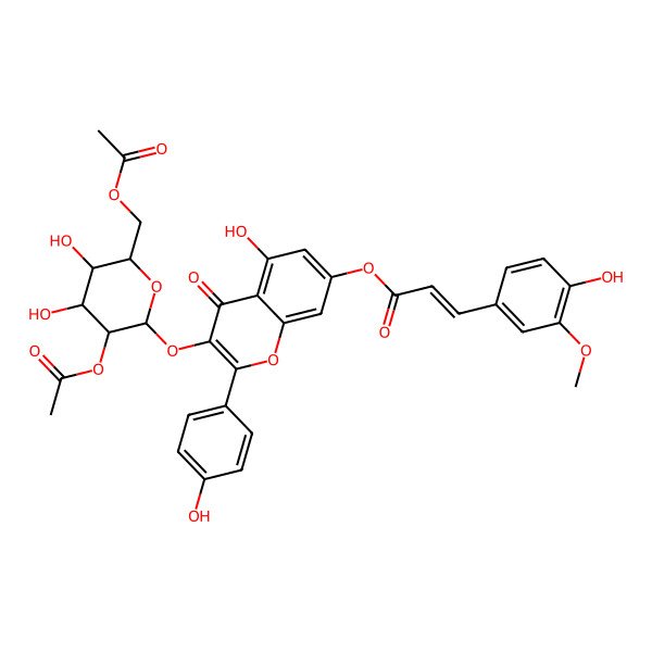 2D Structure of [3-[3-Acetyloxy-6-(acetyloxymethyl)-4,5-dihydroxyoxan-2-yl]oxy-5-hydroxy-2-(4-hydroxyphenyl)-4-oxochromen-7-yl] 3-(4-hydroxy-3-methoxyphenyl)prop-2-enoate