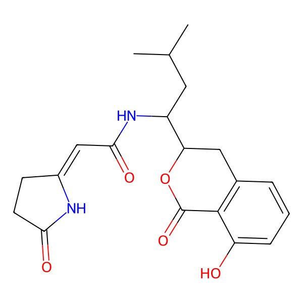 2D Structure of N-[1-(8-hydroxy-1-oxo-3,4-dihydroisochromen-3-yl)-3-methylbutyl]-2-(5-oxopyrrolidin-2-ylidene)acetamide