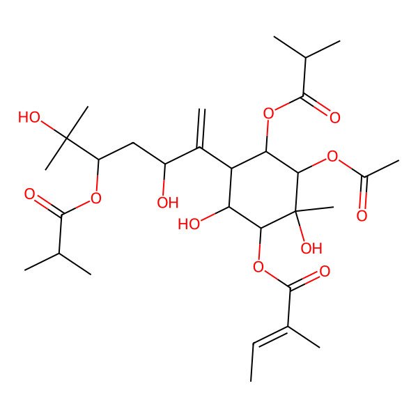 2D Structure of [3-Acetyloxy-5-[3,6-dihydroxy-6-methyl-5-(2-methylpropanoyloxy)hept-1-en-2-yl]-2,6-dihydroxy-2-methyl-4-(2-methylpropanoyloxy)cyclohexyl] 2-methylbut-2-enoate