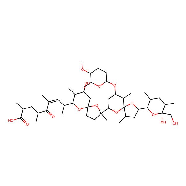 2D Structure of (E,2S,4R,8S)-8-((2S,5R,7S,8R,9R)-7-hydroxy-2-((2R,4S,5S,7R,9S,10R)-2-((2S,3S,5R,6R)-6-hydroxy-6-(hydroxymethyl)-3,5-dimethyloxan-2-yl)-9-((2S,5S,6S)-5-methoxy-6-methyloxan-2-yl)oxy-4,10-dimethyl-1,6-dioxaspiro(4.5)decan-7-yl)-2,8-dimethyl-1,10-dioxaspiro(4.5)decan-9-yl)-2,4,6-trimethyl-5-oxonon-6-enoic acid