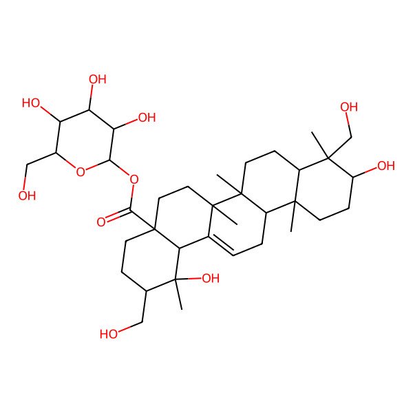 2D Structure of [(2S,3R,4S,5S,6R)-3,4,5-trihydroxy-6-(hydroxymethyl)oxan-2-yl] (1S,2S,4aS,6aR,6aS,6bR,8aR,9R,10S,12aR,14bS)-1,10-dihydroxy-2,9-bis(hydroxymethyl)-1,6a,6b,9,12a-pentamethyl-2,3,4,5,6,6a,7,8,8a,10,11,12,13,14b-tetradecahydropicene-4a-carboxylate