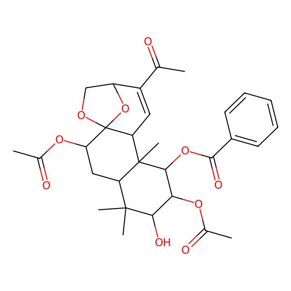 2D Structure of (12-Acetyl-2,7-diacetyloxy-6-hydroxy-5,5,9-trimethyl-15,16-dioxatetracyclo[11.2.1.01,10.04,9]hexadec-11-en-8-yl) benzoate