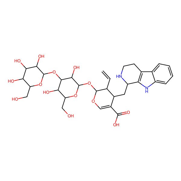 2D Structure of (2S,3R,4S)-2-[(2S,3R,4S,5R,6R)-3,5-dihydroxy-6-(hydroxymethyl)-4-[(2R,3R,4S,5S,6R)-3,4,5-trihydroxy-6-(hydroxymethyl)oxan-2-yl]oxyoxan-2-yl]oxy-3-ethenyl-4-[[(1S)-2,3,4,9-tetrahydro-1H-pyrido[3,4-b]indol-1-yl]methyl]-3,4-dihydro-2H-pyran-5-carboxylic acid