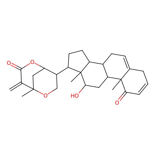 2D Structure of (1R,5R,8R)-8-[(8S,9S,10R,12R,13S,14S,17R)-12-hydroxy-10,13-dimethyl-1-oxo-4,7,8,9,11,12,14,15,16,17-decahydrocyclopenta[a]phenanthren-17-yl]-5-methyl-4-methylidene-2,6-dioxabicyclo[3.3.1]nonan-3-one