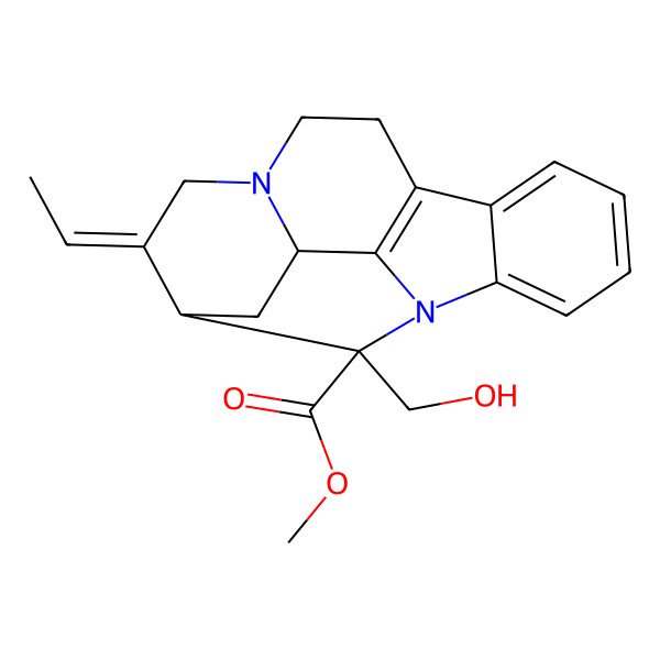2D Structure of methyl (13E,14S,16S,18R)-13-ethylidene-18-(hydroxymethyl)-1,11-diazapentacyclo[12.3.1.02,7.08,17.011,16]octadeca-2,4,6,8(17)-tetraene-18-carboxylate