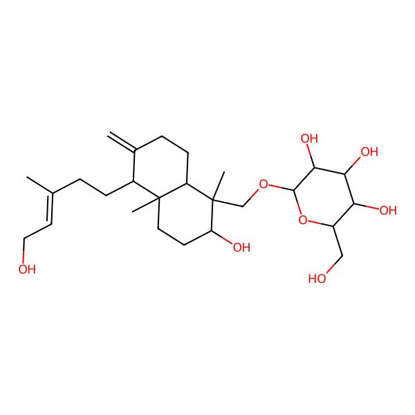 2D Structure of (2R,3R,4S,5S,6R)-2-[[(1S,2R,4aS,5R,8aR)-2-hydroxy-5-[(E)-5-hydroxy-3-methylpent-3-enyl]-1,4a-dimethyl-6-methylidene-3,4,5,7,8,8a-hexahydro-2H-naphthalen-1-yl]methoxy]-6-(hydroxymethyl)oxane-3,4,5-triol