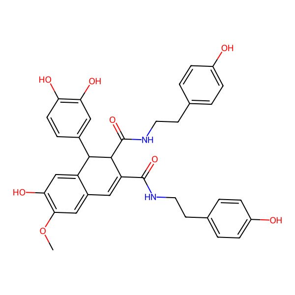 2D Structure of (1R,2S)-1-(3,4-dihydroxyphenyl)-7-hydroxy-2-N,3-N-bis[2-(4-hydroxyphenyl)ethyl]-6-methoxy-1,2-dihydronaphthalene-2,3-dicarboxamide