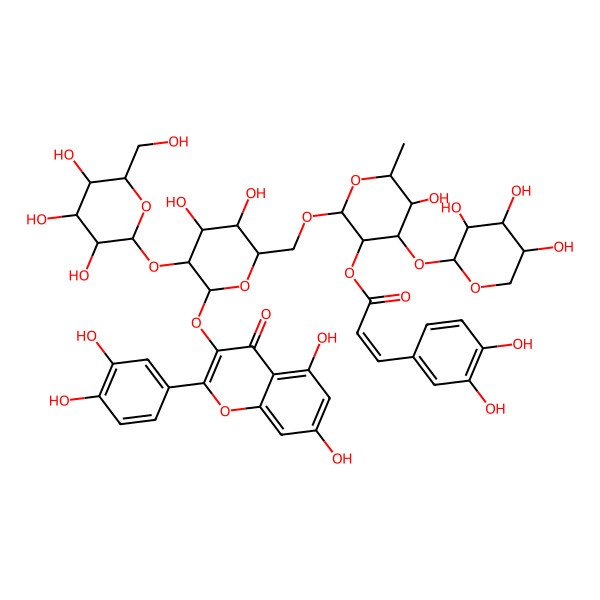 2D Structure of [(2R,3R,4R,5S,6S)-2-[[(2R,3S,4S,5R,6S)-6-[2-(3,4-dihydroxyphenyl)-5,7-dihydroxy-4-oxochromen-3-yl]oxy-3,4-dihydroxy-5-[(2S,3R,4S,5S,6R)-3,4,5-trihydroxy-6-(hydroxymethyl)oxan-2-yl]oxyoxan-2-yl]methoxy]-5-hydroxy-6-methyl-4-[(2R,3S,4R,5S)-3,4,5-trihydroxyoxan-2-yl]oxyoxan-3-yl] (E)-3-(3,4-dihydroxyphenyl)prop-2-enoate