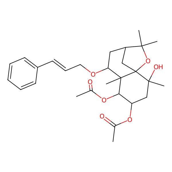 2D Structure of [(1R,2S,4S,5R,6R,7S,9R)-5-acetyloxy-2-hydroxy-2,6,10,10-tetramethyl-7-[(E)-3-phenylprop-2-enoxy]-11-oxatricyclo[7.2.1.01,6]dodecan-4-yl] acetate