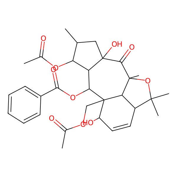 2D Structure of [(1S,2R,3S,4S,5S,7R,9S,12S,15R,16R)-4-acetyloxy-1-(acetyloxymethyl)-7,15-dihydroxy-5,9,11,11-tetramethyl-8-oxo-10-oxatetracyclo[7.6.1.03,7.012,16]hexadec-13-en-2-yl] benzoate