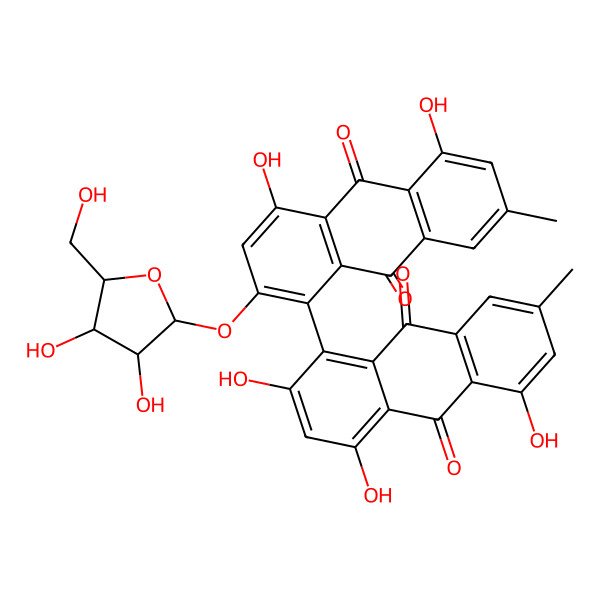 2D Structure of 2-[(2R,3S,4S,5R)-3,4-dihydroxy-5-(hydroxymethyl)oxolan-2-yl]oxy-4,5-dihydroxy-7-methyl-1-(2,4,5-trihydroxy-7-methyl-9,10-dioxoanthracen-1-yl)anthracene-9,10-dione