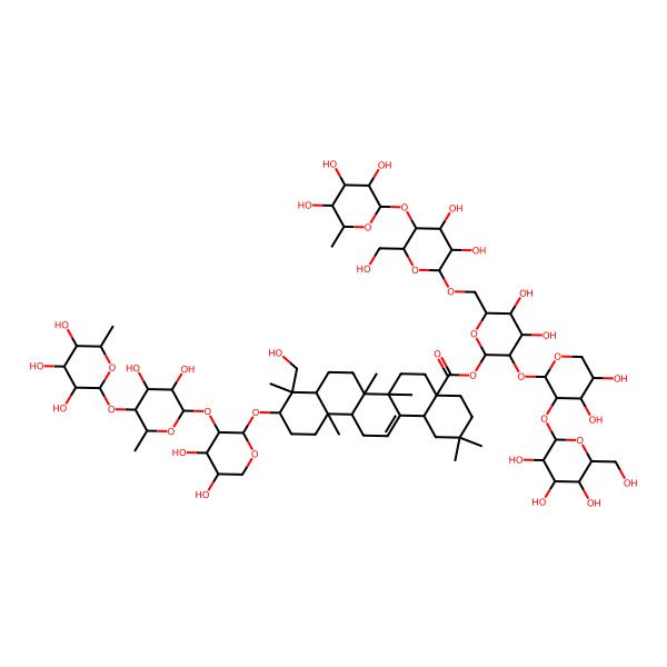 2D Structure of [6-[[3,4-Dihydroxy-6-(hydroxymethyl)-5-(3,4,5-trihydroxy-6-methyloxan-2-yl)oxyoxan-2-yl]oxymethyl]-3-[4,5-dihydroxy-3-[3,4,5-trihydroxy-6-(hydroxymethyl)oxan-2-yl]oxyoxan-2-yl]oxy-4,5-dihydroxyoxan-2-yl] 10-[3-[3,4-dihydroxy-6-methyl-5-(3,4,5-trihydroxy-6-methyloxan-2-yl)oxyoxan-2-yl]oxy-4,5-dihydroxyoxan-2-yl]oxy-9-(hydroxymethyl)-2,2,6a,6b,9,12a-hexamethyl-1,3,4,5,6,6a,7,8,8a,10,11,12,13,14b-tetradecahydropicene-4a-carboxylate