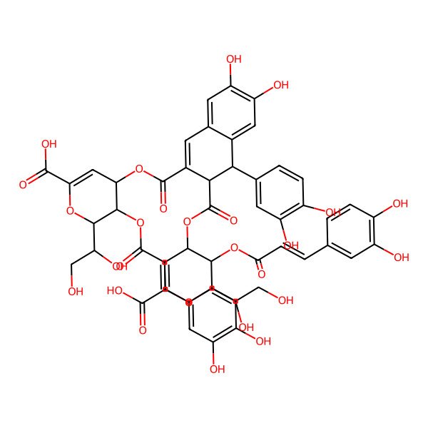 2D Structure of (2R,3R,4R)-4-[(1R,2S)-3-[[(2R,3R,4R)-6-carboxy-2-[(1S)-1,2-dihydroxyethyl]-3-[(E)-3-(3,4-dihydroxyphenyl)prop-2-enoyl]oxy-3,4-dihydro-2H-pyran-4-yl]oxycarbonyl]-1-(3,4-dihydroxyphenyl)-6,7-dihydroxy-1,2-dihydronaphthalene-2-carbonyl]oxy-2-[(1R)-1,2-dihydroxyethyl]-3-[(E)-3-(3,4-dihydroxyphenyl)prop-2-enoyl]oxy-3,4-dihydro-2H-pyran-6-carboxylic acid