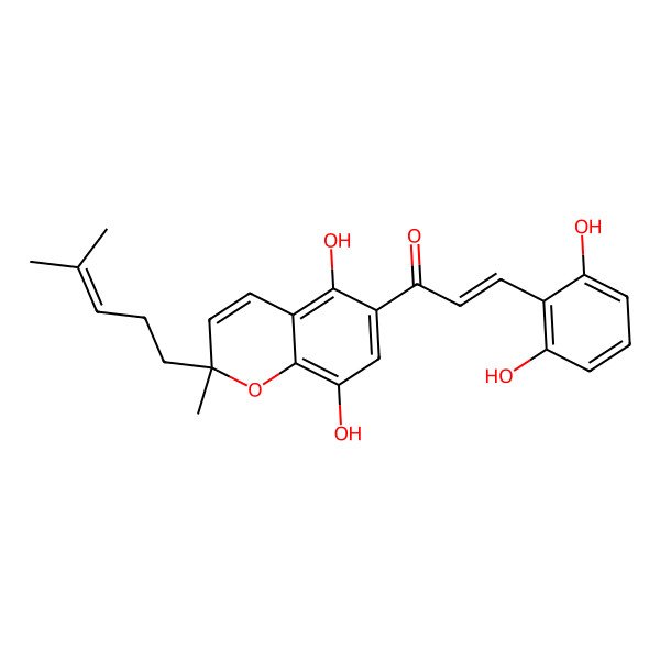 2D Structure of (E)-1-[(2S)-5,8-dihydroxy-2-methyl-2-(4-methylpent-3-enyl)chromen-6-yl]-3-(2,6-dihydroxyphenyl)prop-2-en-1-one