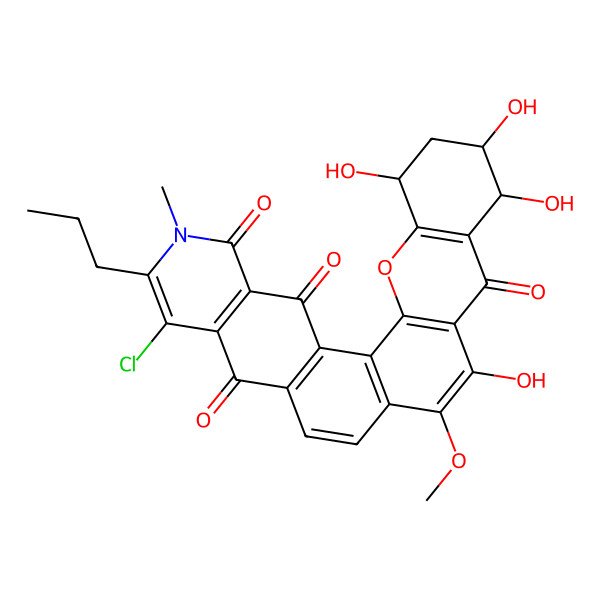 2D Structure of 20-Chloro-5,7,8,12-tetrahydroxy-13-methoxy-22-methyl-21-propyl-3-oxa-22-azahexacyclo[12.12.0.02,11.04,9.017,26.019,24]hexacosa-1(14),2(11),4(9),12,15,17(26),19(24),20-octaene-10,18,23,25-tetrone