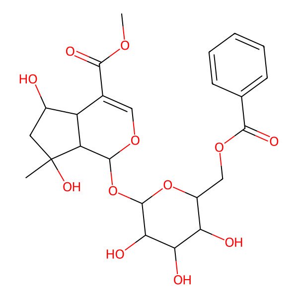 2D Structure of methyl 1-[6-(benzoyloxymethyl)-3,4,5-trihydroxyoxan-2-yl]oxy-5,7-dihydroxy-7-methyl-4a,5,6,7a-tetrahydro-1H-cyclopenta[c]pyran-4-carboxylate