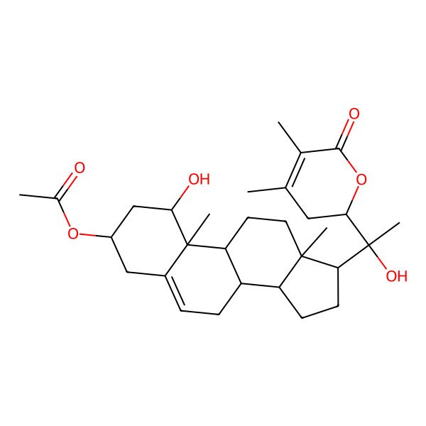 2D Structure of [17-[1-(4,5-dimethyl-6-oxo-2,3-dihydropyran-2-yl)-1-hydroxyethyl]-1-hydroxy-10,13-dimethyl-2,3,4,7,8,9,11,12,14,15,16,17-dodecahydro-1H-cyclopenta[a]phenanthren-3-yl] acetate