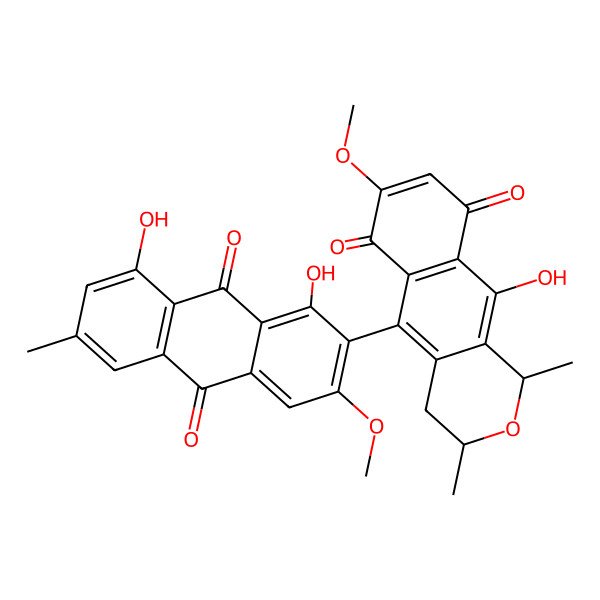 2D Structure of (1R,3S)-5-(1,8-dihydroxy-3-methoxy-6-methyl-9,10-dioxoanthracen-2-yl)-10-hydroxy-7-methoxy-1,3-dimethyl-3,4-dihydro-1H-benzo[g]isochromene-6,9-dione