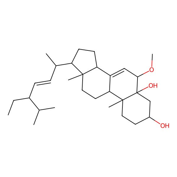 2D Structure of (3S,5R,6R,9S,10R,13R,14R,17R)-17-[(E,2R,5R)-5-ethyl-6-methylhept-3-en-2-yl]-6-methoxy-10,13-dimethyl-1,2,3,4,6,9,11,12,14,15,16,17-dodecahydrocyclopenta[a]phenanthrene-3,5-diol