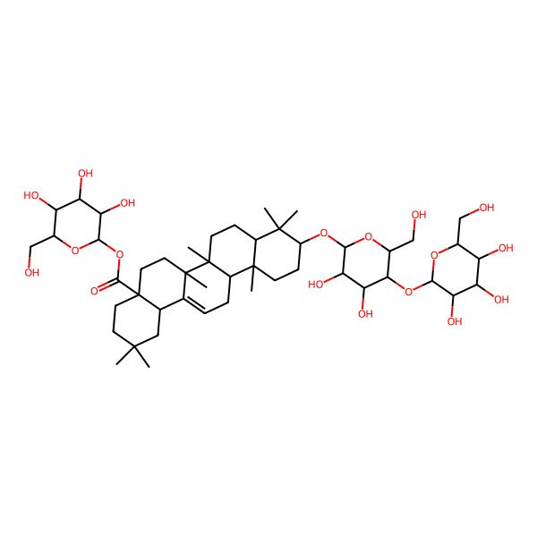2D Structure of [(2S,3S,4R,5R,6S)-3,4,5-trihydroxy-6-(hydroxymethyl)oxan-2-yl] (4aS,6aR,6aS,6bR,8aR,10S,12aR,14bR)-10-[(2R,3R,4R,5S,6R)-3,4-dihydroxy-6-(hydroxymethyl)-5-[(2S,3R,4S,5R,6R)-3,4,5-trihydroxy-6-(hydroxymethyl)oxan-2-yl]oxyoxan-2-yl]oxy-2,2,6a,6b,9,9,12a-heptamethyl-1,3,4,5,6,6a,7,8,8a,10,11,12,13,14b-tetradecahydropicene-4a-carboxylate