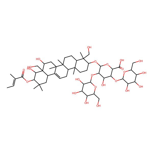 2D Structure of 6-[[8,9-Dihydroxy-4,8a-bis(hydroxymethyl)-4,6a,6b,11,11,14b-hexamethyl-10-(2-methylbut-2-enoyloxy)-1,2,3,4a,5,6,7,8,9,10,12,12a,14,14a-tetradecahydropicen-3-yl]oxy]-4-hydroxy-3,5-bis[[3,4,5-trihydroxy-6-(hydroxymethyl)oxan-2-yl]oxy]oxane-2-carboxylic acid