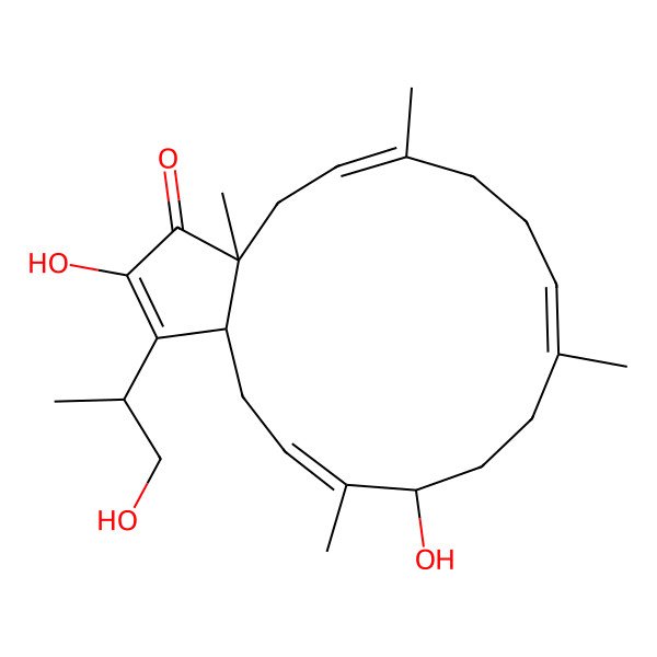 2D Structure of (1R,3E,5R,8E,12E,15S)-5,17-dihydroxy-18-[(2S)-1-hydroxypropan-2-yl]-4,8,12,15-tetramethylbicyclo[13.3.0]octadeca-3,8,12,17-tetraen-16-one