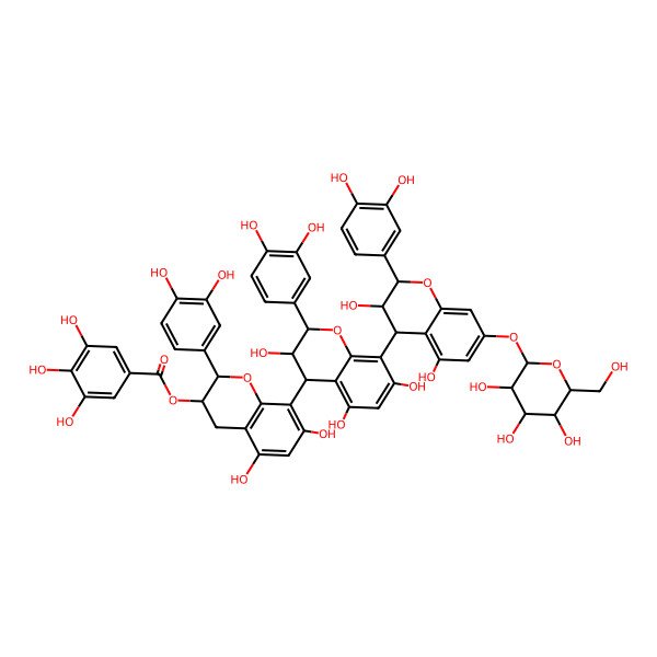 2D Structure of [2-(3,4-dihydroxyphenyl)-8-[2-(3,4-dihydroxyphenyl)-8-[2-(3,4-dihydroxyphenyl)-3,5-dihydroxy-7-[3,4,5-trihydroxy-6-(hydroxymethyl)oxan-2-yl]oxy-3,4-dihydro-2H-chromen-4-yl]-3,5,7-trihydroxy-3,4-dihydro-2H-chromen-4-yl]-5,7-dihydroxy-3,4-dihydro-2H-chromen-3-yl] 3,4,5-trihydroxybenzoate