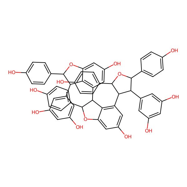 2D Structure of 5-[(2S,3R,4S,5R)-4-[(2R,3R)-3-[(2R,3R)-3-(3,5-dihydroxyphenyl)-6-hydroxy-2-(4-hydroxyphenyl)-2,3-dihydro-1-benzofuran-4-yl]-6-hydroxy-2-(4-hydroxyphenyl)-2,3-dihydro-1-benzofuran-4-yl]-2,5-bis(4-hydroxyphenyl)oxolan-3-yl]benzene-1,3-diol