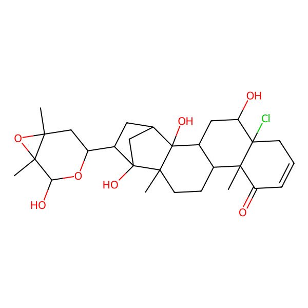 2D Structure of 6-Chloro-2,5,16-trihydroxy-17-(2-hydroxy-1,6-dimethyl-3,7-dioxabicyclo[4.1.0]heptan-4-yl)-11,15-dimethylpentacyclo[14.2.1.02,15.03,12.06,11]nonadec-8-en-10-one
